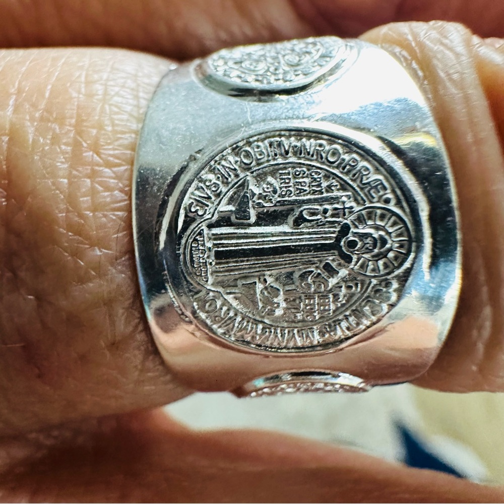 Silver Chunky Jewelry Ring with Engraved Saint Benedict Catholic Christian - Picture 9 of 16